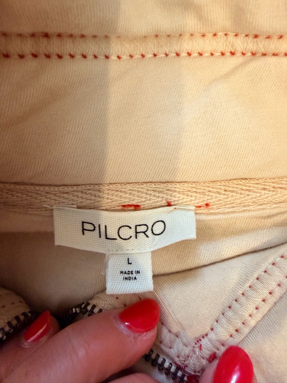 Pilcro Two-Tone Red and Cream Half-Zip Pullover with Floral Patch - Picture 3 of 4
